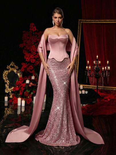 Glamrae Elegant, Romantic, Fashionable Champagne Pink Sequin Fabric, Satin Patchwork, Fish Bone Decor, Fish Tail Hem, Trailing, Influencer, Festival, Vacation, Birthday Party, Wedding, Formal Gala Dress