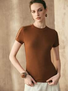 Arave Women's Beaded Shoulder Round Neck Mesh Patchwork Hollow Out Fitted Casual Party Date Vacation Short Sleeve T-Shirt Top Brown Top Earthy Tops - Camel - View 3