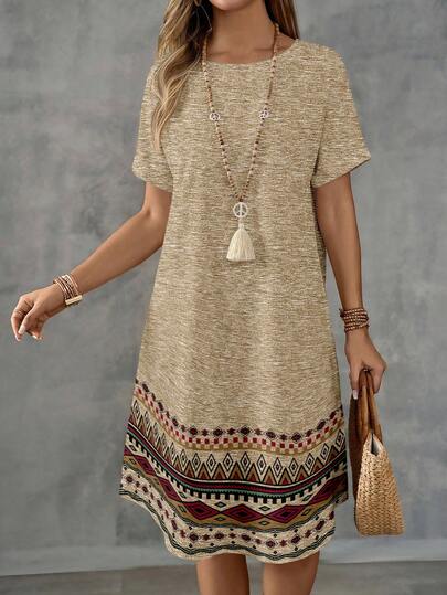 EMERY ROSE Women's Print Pattern Round Neck Short Sleeve Casual Dress,Casual Boho Dress Women