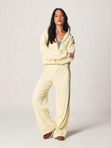 Missguided x Playboy Oversized Crop Zip Hoodie And Wide Leg Joggers Lounge Set Ribbed Knit Cozy Two Piece Matching Tracksuit For Comfort - Yellow - View 1