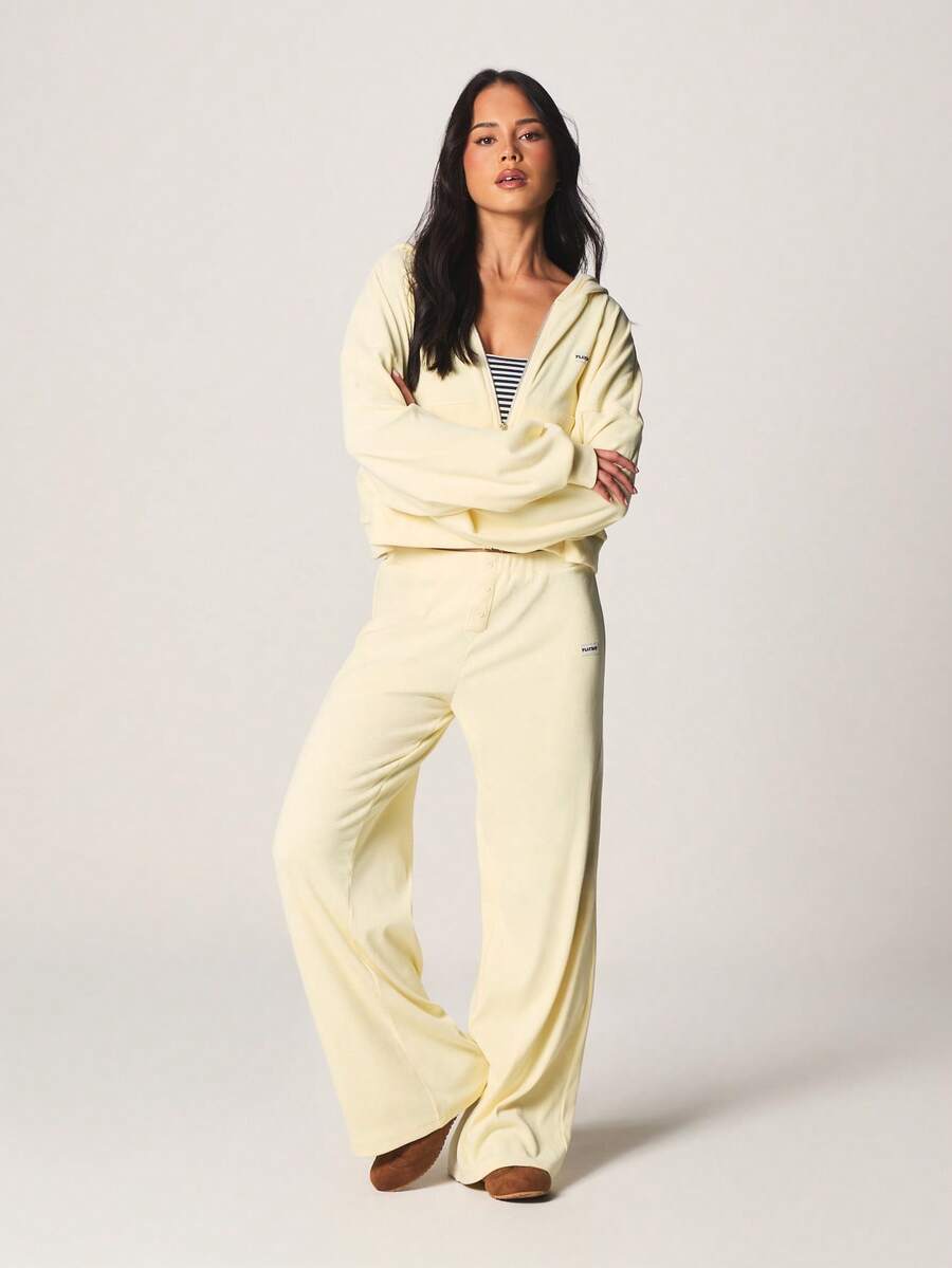 Missguided x Playboy Oversized Crop Zip Hoodie And Wide Leg Joggers Lounge Set Ribbed Knit Cozy Two Piece Matching Tracksuit For Comfort - Yellow - View 1