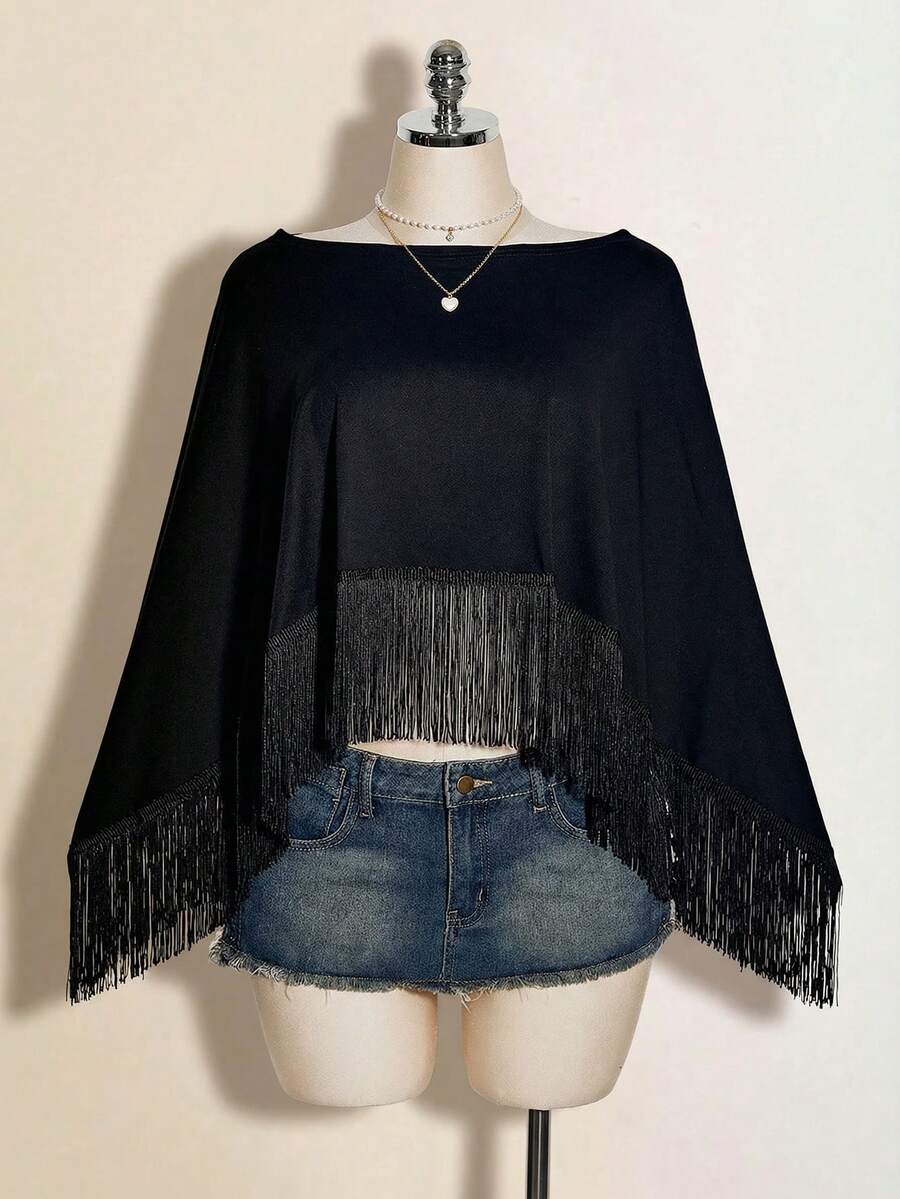 SHEIN ICON Áo kiểu nữ gợi cảm màu đen thời trang cổ bất đối xứng viền tua rua, thích hợp cho kỳ nghỉ. - màu đen - Xem 1