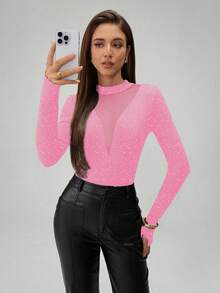 Almamuse Body de mujer de manga larga con cuello redondo, parches de malla metálica brillante y transparente - Rosa - Ver 4