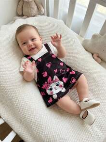 SHEIN Newborn Baby Girl Cute Cat Print Patchwork Elastic Loose Dress, Matching Sister Set - Black and White - View 7