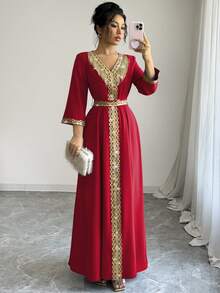 Elenzga Women's Elegant Fringe & Sequin Patchwork Dress - Red - View 4