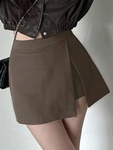 DAZY Women's Solid Color Side Slit Shorts, All Season School - Coffee Brown - View 4