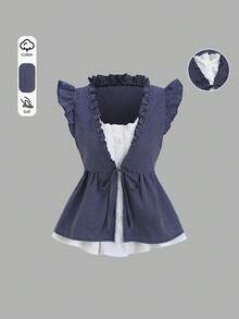 Sweetra Blusa de mujer con diseño de cuadros, escote en V, parche de encaje, mangas cortas y bajo con volantes, en estilo romántico y de moda, para primavera/verano - Azul y blanco - Ver 1