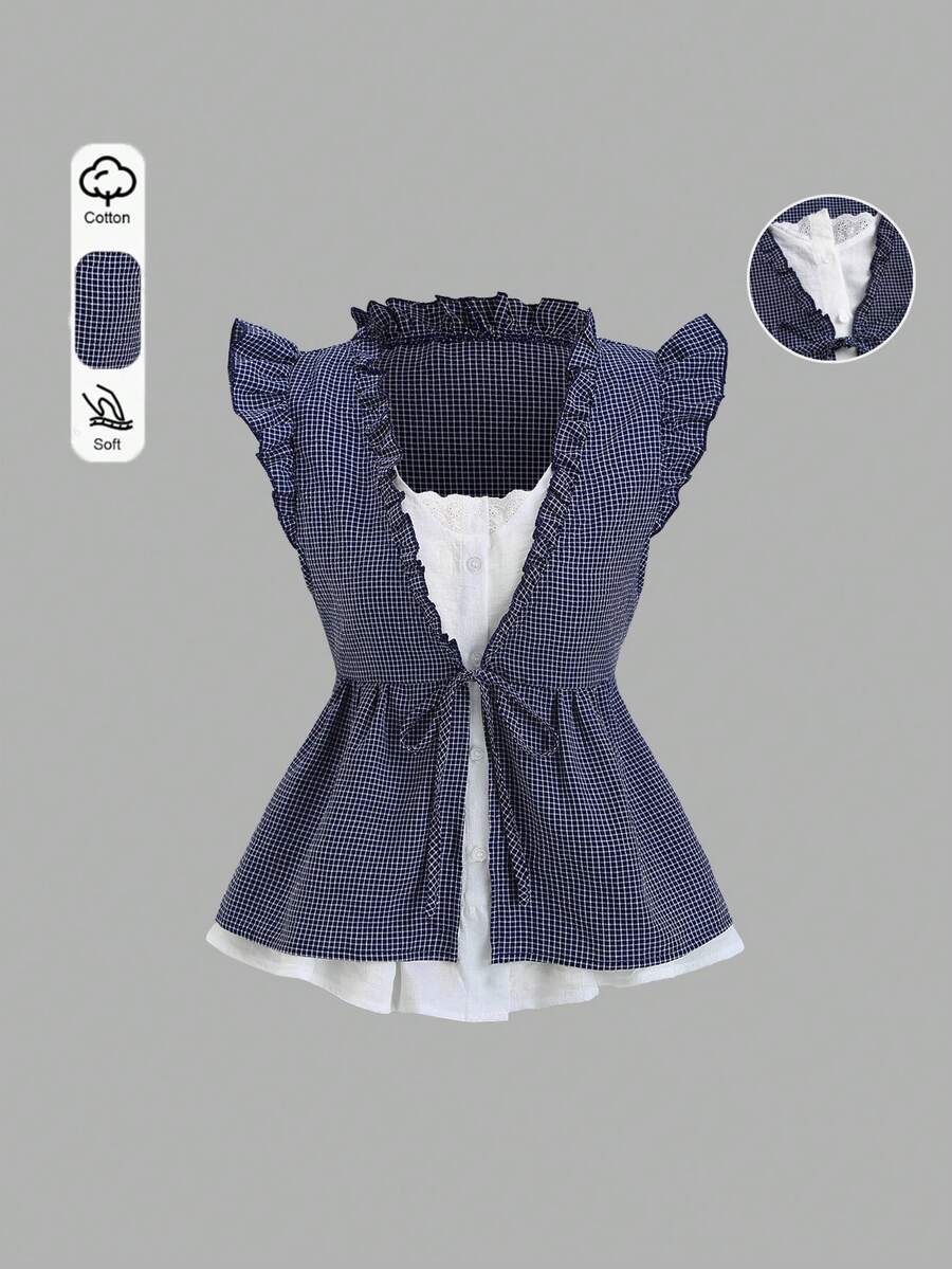 Sweetra Blusa de mujer con diseño de cuadros, escote en V, parche de encaje, mangas cortas y bajo con volantes, en estilo romántico y de moda, para primavera/verano - Azul y blanco - Ver 1