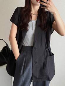 FRIFUL Women's Solid Color Drawstring Commuter Blazer - Black - View 6