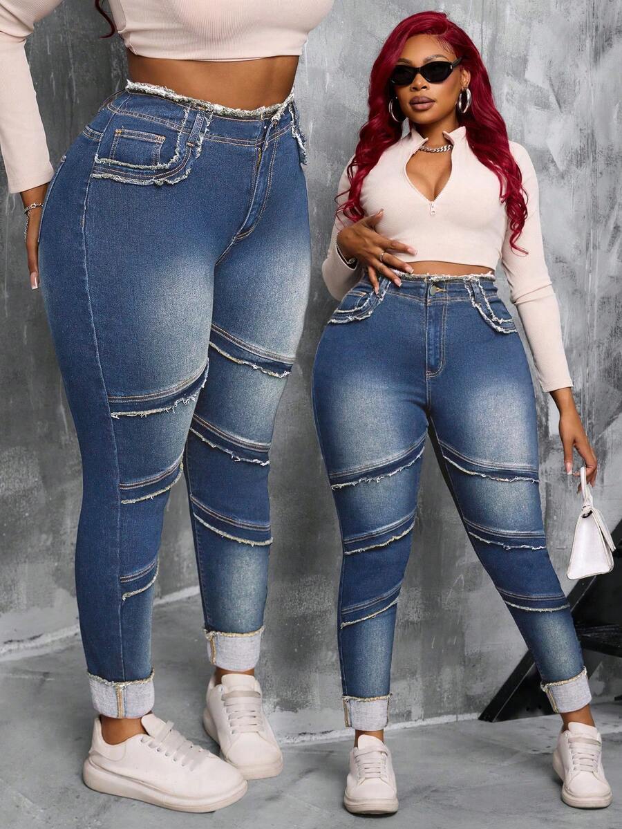 Slaydiva Plus Size Women Blue Denim High Waist Distressed Skinny Jeans - Medium Wash - View 1