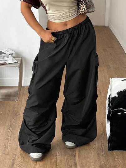 Coolane Summer Outfits  Women's Plus Size Streetwear Vintage Black Western Wear Y2K Low Rise Parachute Cargo Pants Party Festival