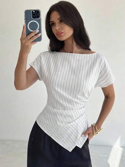 Firerie Casual Elegant Plaid Asymmetric Hem Blouse, Suitable For Commuting, Everyday Casual, And Fashionable Business Wear/Fall Clothes For Women / Back To School / Teacher Outfits For Women/Going Out Tops/Tops For Going Out /Business Casual Woman/Striped Shirt/ Business Casual Women/Teacher Shirts