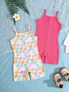 Young Girls Comfy Back To School Home Floral Jumpsuit /Set - Hot Pink - View 2