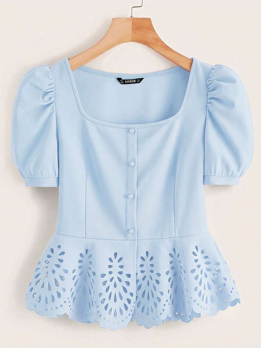 SHEIN Clasi 女士纽扣装饰方领休闲日常泡泡袖衬衫 - 藍色 - 查看 1