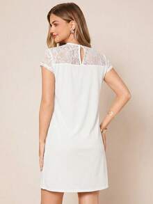 SHEIN Clasi Women's Solid Color Lace Patchwork Round Neck Short Sleeve Dress Women's White Dress Cute White Dress White Lace Dress White Casual Dress Short Sleeve White Dress - White - View 2