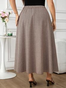Ellevyn Plus Size Women A-Line Brown Plaid Woolen Skirt, Waist Cinched Slimming Elegant Everyday & Commute Skirt Summer Holiday Spring Break Valentine's Day Carnival Costume Birthday For Women Elegant Vacation Holiday - Brown - View 2