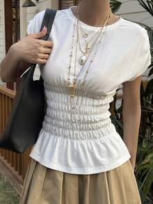 DAZY White Round Neck Short Sleeve Cotton Waist Fitted Women T-Shirt, Summer - White - View 6