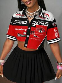 Slaydiva Avslappnad minimalistisk bokstavstryck asymmetrisk beskuren skjorta, lämplig för alla årstider - Multifärgad - Visa 1