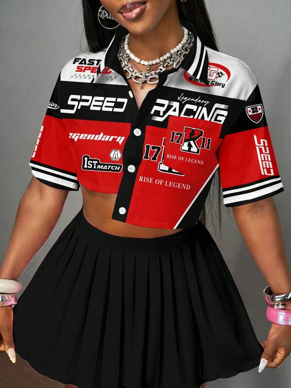 Slaydiva Casual Minimalist Letter Print Asymmetric Cropped Shirt, Suitable For All Seasons