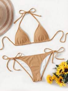 SHEIN Swim 女士纯色挂脖系带性感比基尼泳装套装，夏季沙滩 - 香檳色 - 查看 3