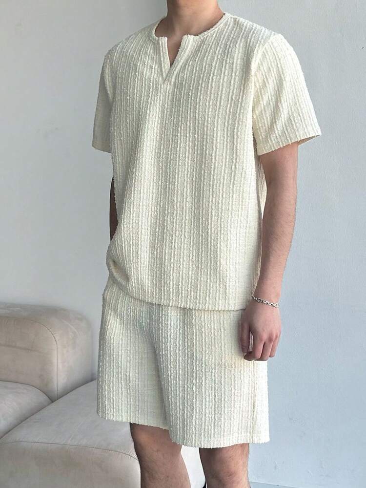 Men's Apricot Solid Color Short Sleeve T-Shirt And Shorts Set, Summer