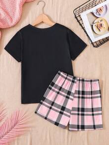 2pcs/Set Girls Pink And Black Summer Casual Heart Butterfly Print Short Sleeve Top,Pink Plaid Shorts,Loose Comfy Big Kids Sleepwear Homewear,Pe - Multicolor - View 2