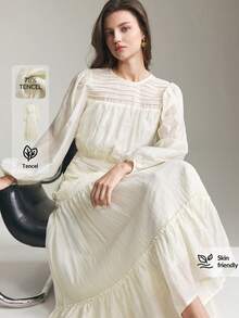 Ontre 女士优雅纯色灯笼袖连衣裙，适合通勤 - 黃色 - 查看 3