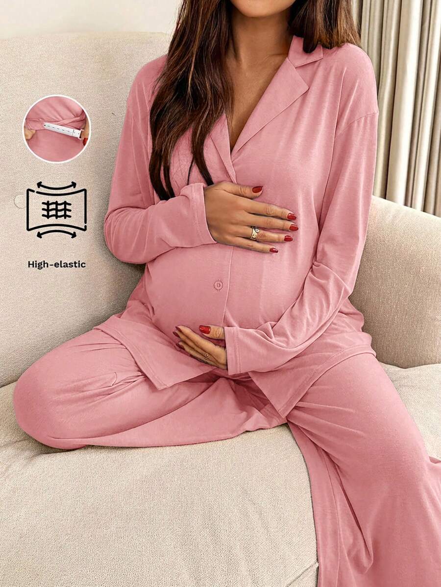 Slowluna 2pcs Maternity Solid Color Drop Shoulder Long Sleeve Casual Comfortable Breathable Set - Baby Pink - View 1