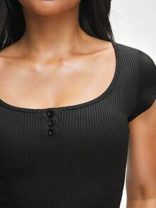 SHAPORA Women's Simple Solid Color Ribbed Knit Oversized Scoop Neck Batwing Sleeve Curved Hem Crop Sleep Top, Summer - Black - View 7