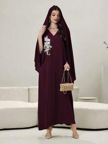 Yasmyna Contrast Color Patchwork Luxurious 3D Embroidered Applique V-Neck Long Sleeve Turkish Tunic - Burgundy - View 5