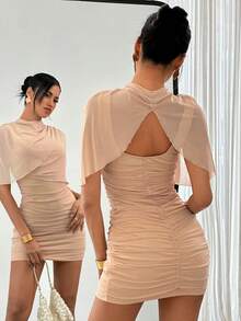 Siren Gaze 新款优雅披肩领修身迷你连衣裙，春夏款 - 杏色 - 查看 6