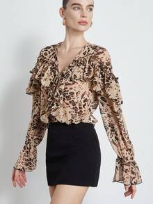 Aveloria Modichic Beige Leopard Print Chiffon Blouse,Elegant Pleated And Ruffle Trim,Bohemian Style Animal Top For Autumn,Party Night,Casual & Fashionable Street Wear - Multicolor - View 3