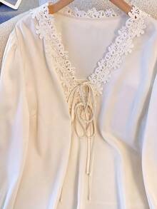 GlowEve CURVE Plus Size Women's White Elegant Autumn Party Embroidered Ruffle V-Neck Bow Tie,Lace Trim Cuff Long Sleeve Blouse,Suitable For Commuting Cream Blouses - Apricot - View 5