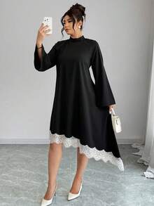 Elenzga Plus Size Black Bell Sleeve Asymmetric Hem Lace Patchwork Dress, Fashion For Autumn/Winter Fall - Black - View 5