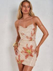 SHEIN Glamour One Shoulder Rhinestone Chain Detail Split Hem Sequin Dress Mini Short Women Outfit - Apricot - View 4