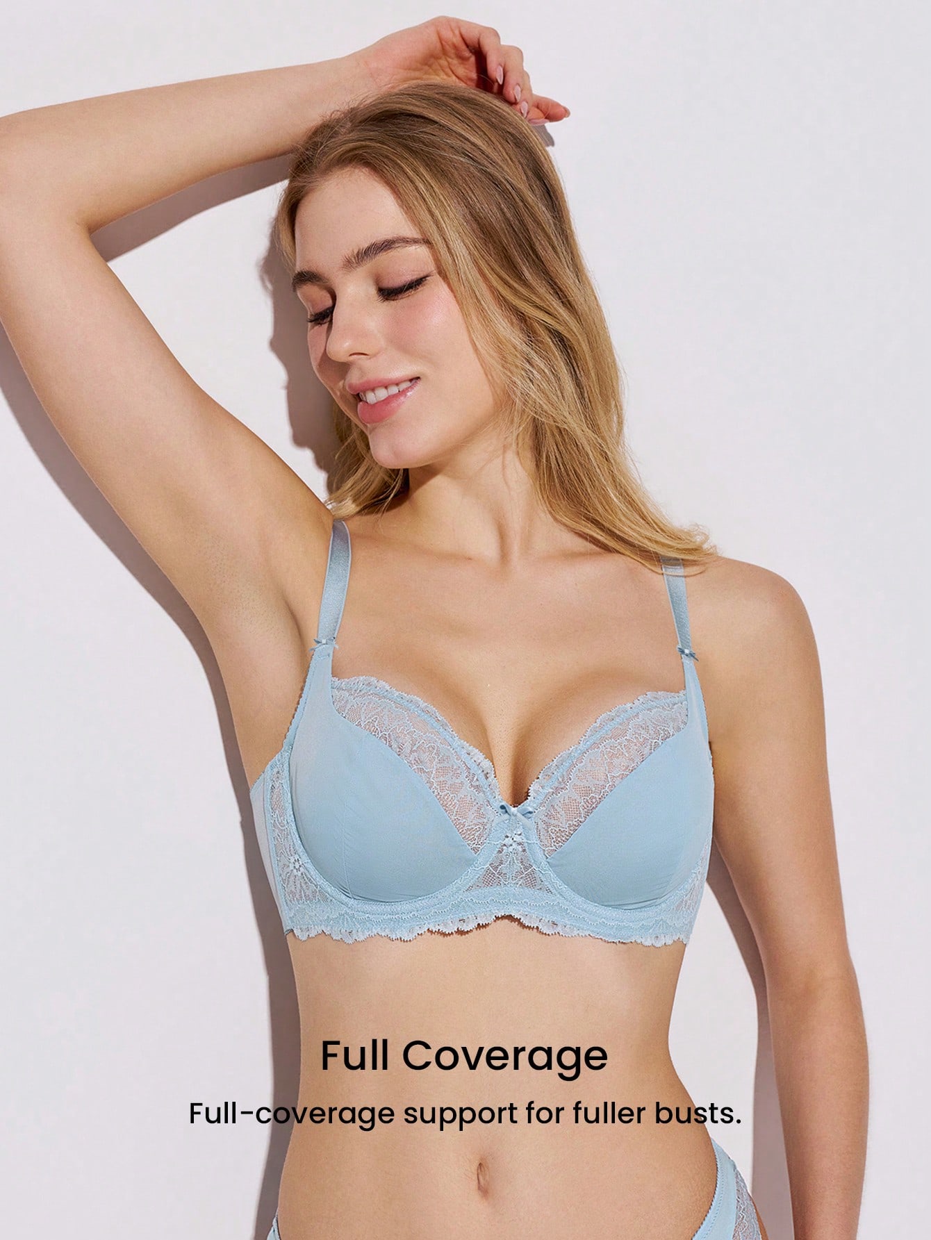 Damen Blau Unterwäsche Volle Abdeckung Unterstützung & Atmungsaktiv Unterbügel Sexy Ungefüttert Transparenter Minimizer Spitzen-BH