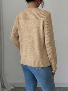 EURMUSE 女士休闲纯色圆领长袖毛衣，秋冬 - 駝色 - 查看 2