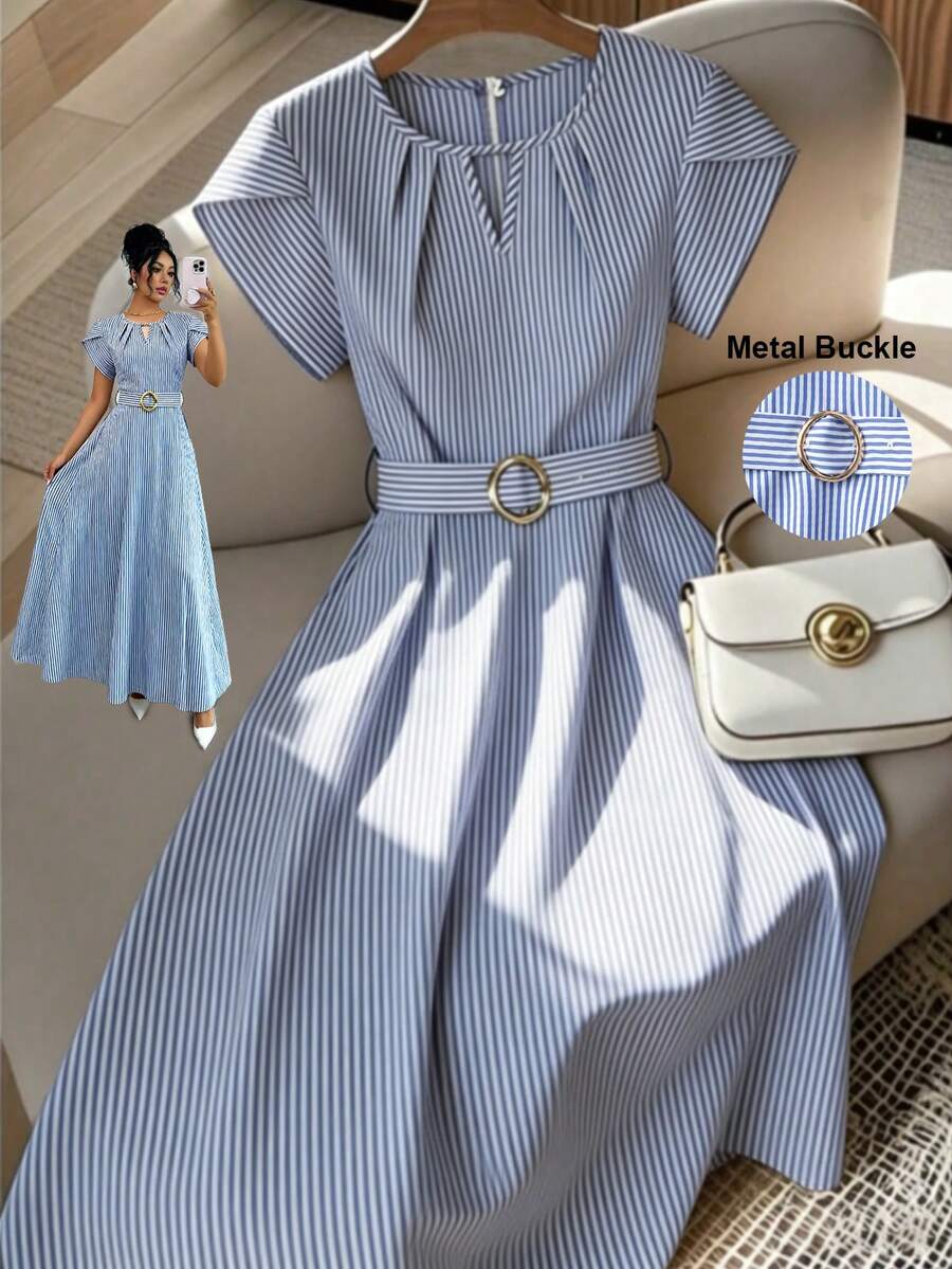 Franclia Women's Spring/Summer Pleated Round Neck Tulip Sleeve With Waist Metal Belt Waist A Lined Casual 2026 New Long Dress,Summer Holiday Outfits Dress,Spring Outfit Women Dress,Beach Dress,Long Party Dresses,Going Out Elegant Commuter/Vacation Casual Graduation Elegant Fashion Casual Commuter Business Office Daily Casual Versatile Stylish Urban Formal Primavera A Estate Blue Summer Elegant Dress French Style Dress Elegant Midi Dress Blue And White Striped Dress Dusty Blue Elegant Dress Picnic Dress - Blue and White - View 1