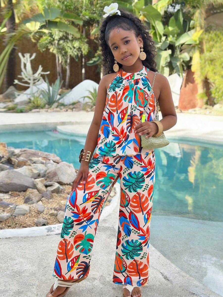 Sparklyn Girls Beach Vacation Basic Halter Shirt + Loose 3/4 Pants Woven Floral 2 Pieces Set - Multicolor - View 1