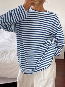 Livesso Tricou lung pentru femei, croială lejeră, culoare solidă, guler rotund, mânecă lungă - Albastru si alb - Vizualizare 5