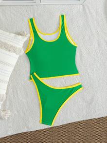 Swim SPRTY Conjunto de bikini sexy de corte alto con diseño de cuello en U y estampado floral de elementos brasileños, adecuado para vacaciones en la playa, estilo deportivo, ajuste ceñido para salir a la playa, adecuado para vacaciones de primavera, temporada de regreso a clases, vacaciones, promoción de primavera, ambiente de vacaciones en la playa, disfraz de vacaciones de primavera, traje de baño para fiestas, carnaval de regreso a clases, Día de la Madre, Día Internacional de la Mujer, salida familiar Brasil, atuendos de playa para mujeres - Multicolor - Ver 5