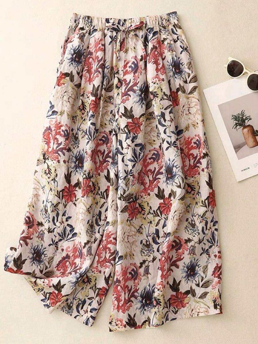 EMERY ROSE Quần dài nữ cỡ lớn in họa tiết hoa thanh lịch, dáng rộng, thích hợp cho kỳ nghỉ, quần dài in hoa cho nữ. - Nhiều màu - Xem 1