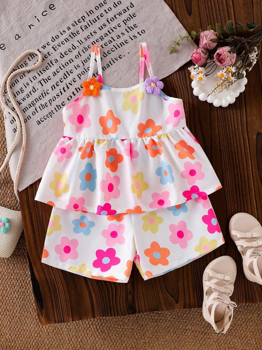 SHEIN Elladie kids Conjunto de top de tirantes y shorts con estampado floral colorido para niñas, conjunto de verano transpirable y cómodo para salidas, alegre y lindo - Blanco - Ver 1