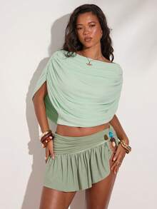 SHEIN BAE 薄荷绿奶油色优雅休闲垂褶网纱针织上衣，适合派对、早午餐、婚礼宾客、海滩穿着、度假、夏季、女士海滩装扮 - 薄荷綠 - 查看 8