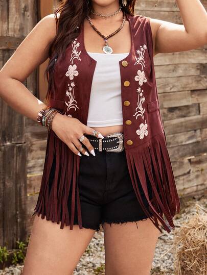 Ceyna 大码休闲度假假口袋V领无袖印花流苏外套