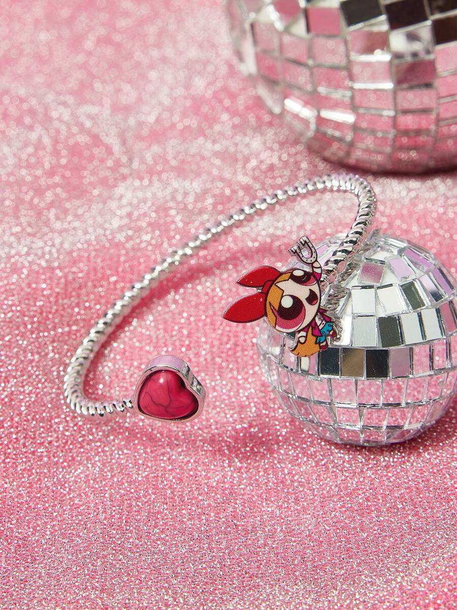 THE POWERPUFF GIRLS X SHEIN 1 chiếc vòng tay hợp kim kẽm in hình hoạt hình thời trang, đơn giản và dễ thương, sang trọng, phù hợp cho tiệc tùng, hòa nhạc, lễ hội. - Vàng trắng - Xem 1