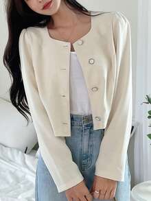 DAZY Solid Button Front Crop Blouse,Long Sleeve Tops Fall - Beige - View 3