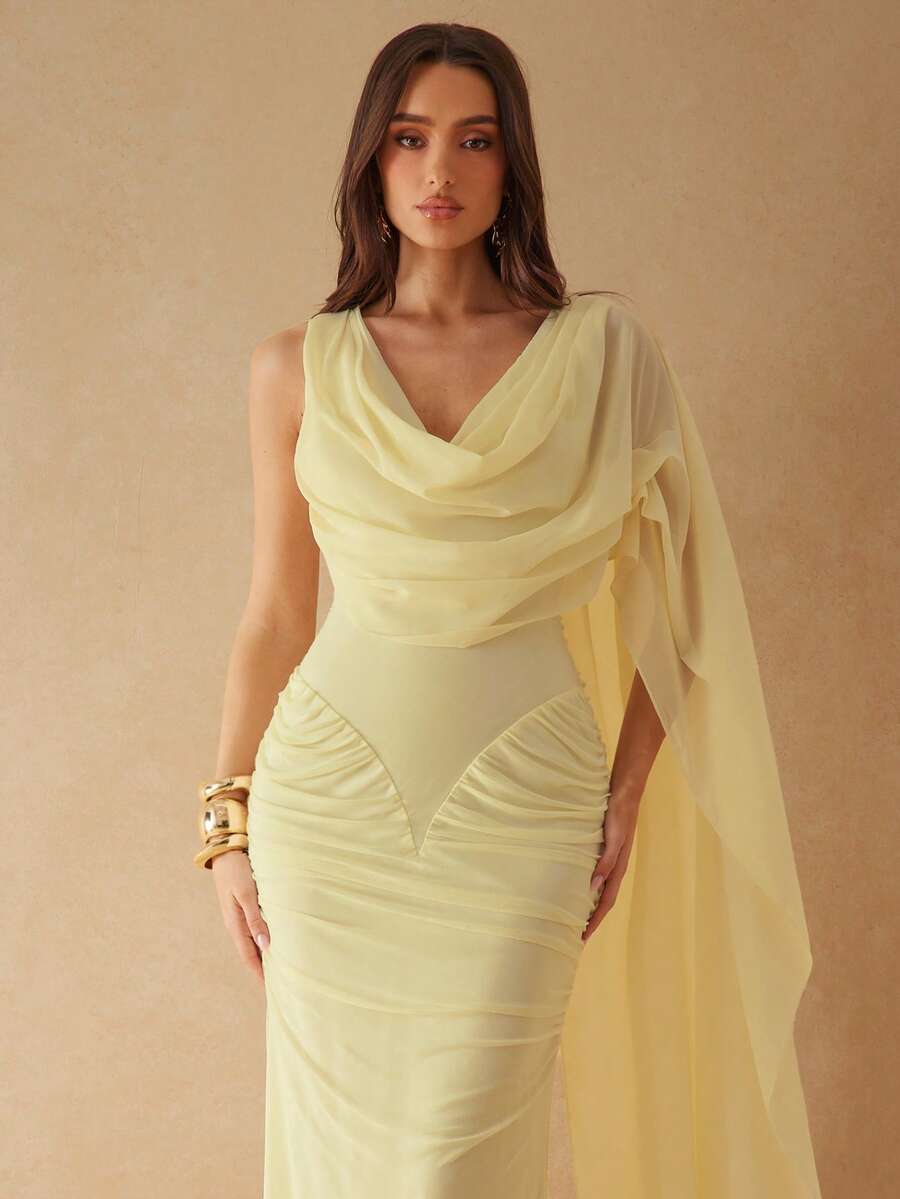 Silquee 女士褶皱垂褶领长连衣裙，春夏款 - 淡黃色 - 查看 1