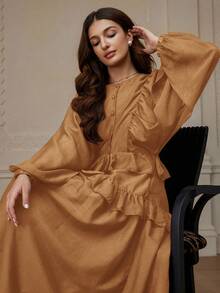 Revavyn Women's Autumn/Winter Lantern Sleeve Solid Coffee Color Shiny Chiffon Loose Round Neck Versatile Button Layered Ruffle Hem Long Sleeve Dress - Mocha Brown - View 5