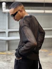 Ngobest Haus Ngobest Haus 透气镂空罩衫，宽松休闲男女通用针织毛衣，韩版圆领套头衫，独特设计长袖oversize毛衣，适合春、夏、秋季穿着 - 黑色 - 查看 2